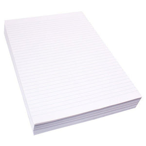 Stack of Quill A4 ruled writing paper, loose white 60gsm sheets with 8mm feint lines and a red margin