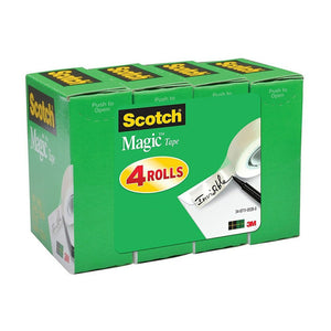Box of Scotch Magic Tape 810 with 4 rolls, green tartan packaging and a hand written Magic Tape sample on the front