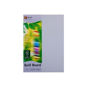 Quill Coloured Board A4 210gsm Grey, the Quill Board pack with its printed header card on the left and the grey board sheet showing on the right