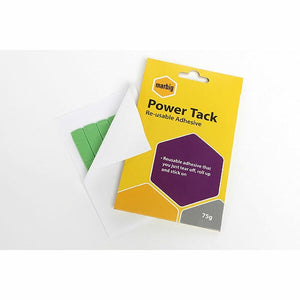 Marbig Power Tack pack in yellow and purple reading Re-usable Adhesive and 75g, with a sheet of green tack squares beside it