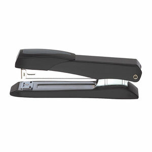 Marbig full strip metal desktop stapler in black shown side on with a grey handle pad