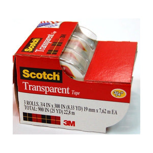 Red Scotch Transparent Tape box printed 3 rolls, 3/4 in x 300 in, 19mm x 7.62m each, with clear dispensers visible inside