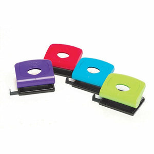 Four Marbig two hole punches in purple, red, blue and lime with black bases, arranged in a row