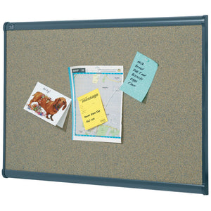 Quartet Prestige corkboard with speckled tan cork in a dark grey graphite frame, holding a dog card, a map under a yellow message note and a pale blue handwritten note