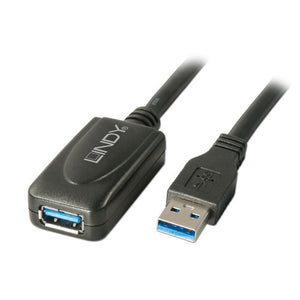 Lindy 5m USB 3.0 Active Extension Cable showing the black active housing with blue USB-A female port next to the blue USB-A male plug