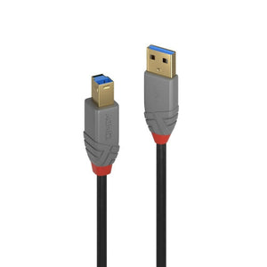 Lindy 5m USB 3.0 Type A to B Cable Anthra Line, USB 3.0 Type B plug with blue insert beside the gold plated Type A plug, grey housings