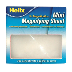 Helix mini magnifying sheet in its blue card, printed 3 x Magnification and Fits perfectly into a pocket or purse