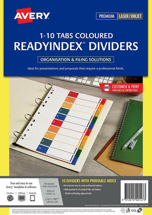 Avery Multi-Coloured Polypropylene ReadyIndex Dividers 1-10 Index