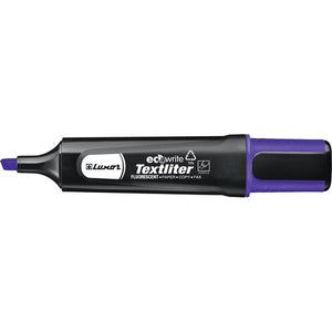 Luxor Ecowrite Textliter fluorescent highlighter in purple, black barrel printed Fluorescent Paper Copy Fax beside a purple colour panel, purple cap and chisel tip