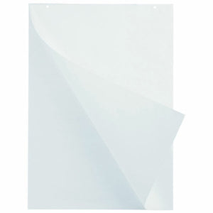 Quartet flipchart pad seen from the front, plain white sheets with the top sheet curling away at the lower right corner and small holes near the top edge, on a white background