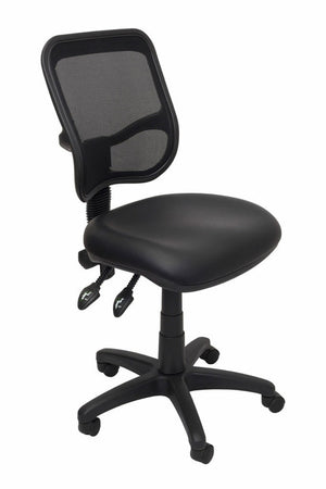 Rapidline EM300 operator chair with black mesh back and black PU seat, three quarter view showing the levers and black 5 star base.