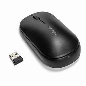 Kensington SureTrack Dual Wireless Mouse in black shown with its USB-A nano receiver