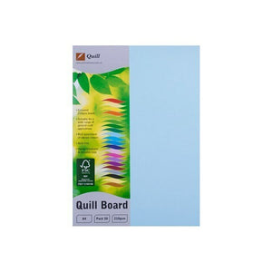 Quill Coloured Board A4 210gsm Powder Blue, the Quill Board pack with its printed header card on the left and the powder blue board sheet showing on the right