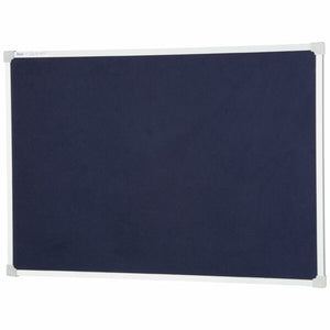 Quartet Penrite felt pinboard in Blue, a deep navy felt surface in an aluminium frame with pale grey corner caps, photographed empty and landscape against a white background