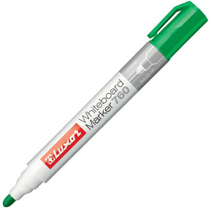Luxor Whiteboard Marker 760 in green, white barrel with a red Luxor logo, green cap and green bullet tip, barrel printed 1-3 mm bullet tip