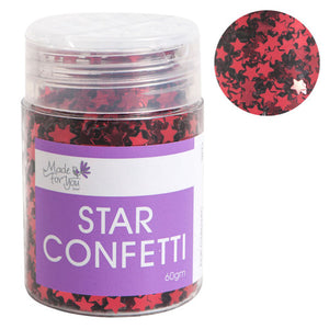 Made For You Star Confetti tub packed with small red stars behind clear sides, a purple label reading 60gm, and a round close up of the red star pieces