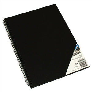 Quill Presentation Visual Art Diary A4 with a black cover and black spiral binding, angled on a white background, with a corner label reading Black Presentation Diary, A4 and 90 Pages