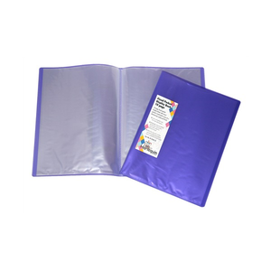 Two purple Harlequin H-253A display books on white, one open to show clear pockets and one closed with a printed card reading Fixed Pocket Display Book 10 page
