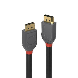 Lindy 1m DisplayPort 1.4 Cable Anthra Line, two grey DisplayPort plugs with red collars and gold plated contacts, upright
