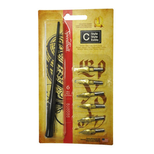 Speedball C Style pen set on its blister card with a black straight pen holder and six brass C Series nibs, C0 to C5, marked Handcrafted in the USA