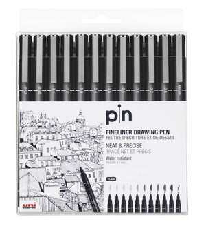 Uni Pin Fineliner Drawing Pen Black Wallet Set of 12