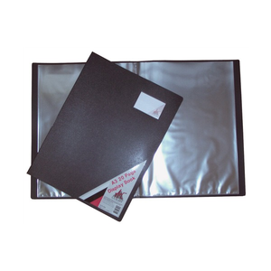 Colby Art 259A3 black A3 display book closed over an open book of clear pockets, card in the cover window