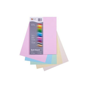 Quill Coloured Board 210gsm A4 Pastel Assorted with its grey pack card on a pink sheet, fanned over pale blue, green, yellow and buff sheets