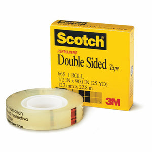 Yellow Scotch Double Sided Tape 665 box printed 1 roll, 1/2 in x 900 in (25 yd), 12.7mm x 22.8m, with a clear roll in front