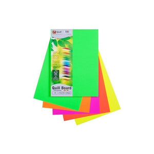 Pack of Quill Fluoro Board A4 on top of fanned sheets in fluoro green, orange, pink, red and yellow