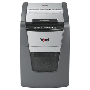 Rexel Optimum AutoFeed+ 100X shredder, front view with the Automatic lid handle