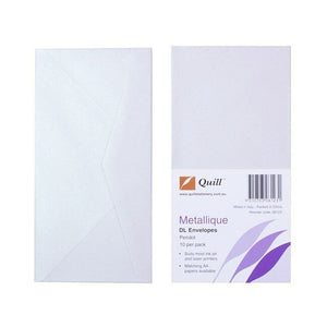 Quill Metallique DL envelope in Peridot shown from the back with its pointed flap, beside a Quill pack labelled Metallique DL Envelopes Peridot 10 per pack