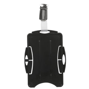 Rexel Dual Security Pass Holder in black, a rigid holder with side tabs and a metal clip on a clear strap at the top