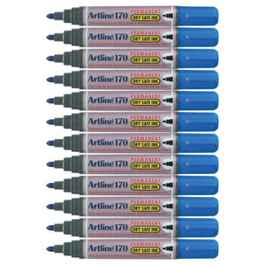 Twelve blue Artline 170 Dry Safe permanent markers in a row with bullet nibs facing left
