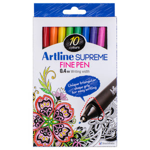 Front of the Artline Supreme Fine Pen pack, 10 colours, 0.4mm Writing width, with a floral colouring design