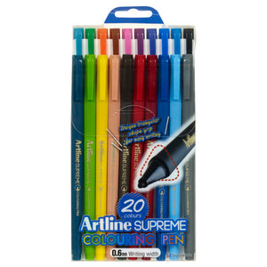 Artline Supreme Colouring Pen pack, 20 colours, 0.6mm Writing width and a triangular grip callout on the front