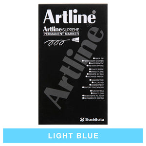 Black Artline Supreme Permanent Marker box, front view, with a light blue colour label beneath it