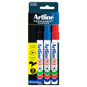 Artline 90 permanent marker 3 pack hangsell card with black, blue and red chisel markers