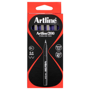 Artline 200 Fineline Pen box of purple pens, front view with a window showing the pens