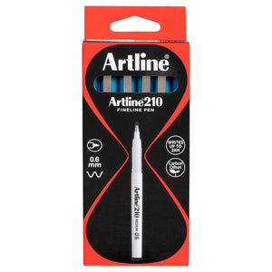 Artline 210 Fineline Pen box with sky blue pens behind the window