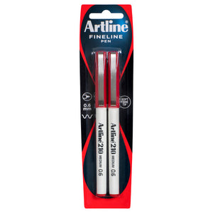 Artline FINELINE PEN blister card holding a pair of red Artline 210 pens printed MEDIUM 0.6