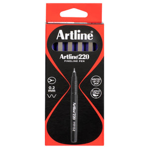 Front of an Artline 220 FINELINE PEN box of purple pens with 0.2 mm and WRITES UP TO 2KM badges