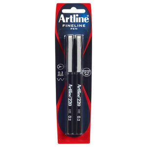 Artline FINELINE PEN card with a pair of black Artline 220 pens, 0.2 mm and WRITES UP TO 2KM badges