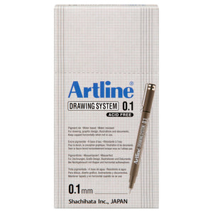 Front of an Artline Drawing System 0.1 box of black pens, printed Acid Free and 0.1mm