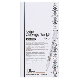 Front of an Artline Calligraphy Pen 1.0 box of black pens, printed Acid Free