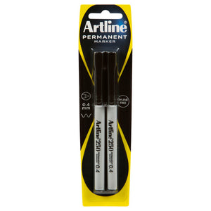 Artline 250 permanent marker hanging card holding two black markers, printed 0.4 mm and Xylene Free