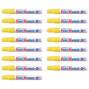Yellow Artline 400XF paint markers laid out in two columns