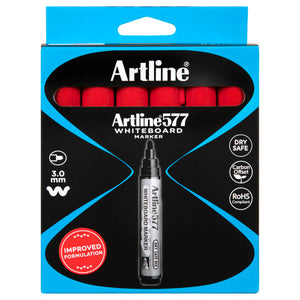 Artline 577 Whiteboard Marker 3mm Bullet Nib Red Box of 12