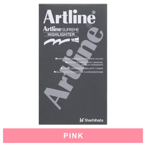 Front of a grey Artline Supreme Highlighter box over a colour band labelled Pink