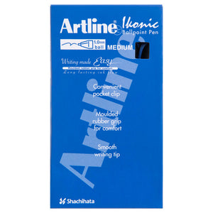 Front of an Artline Ikonic Ballpoint Pen box of 12 with blue pens in the window, printed 1.0mm ball Medium