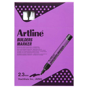 Front of a box of white Artline Builders Markers printed 2.3mm, caps showing through the window